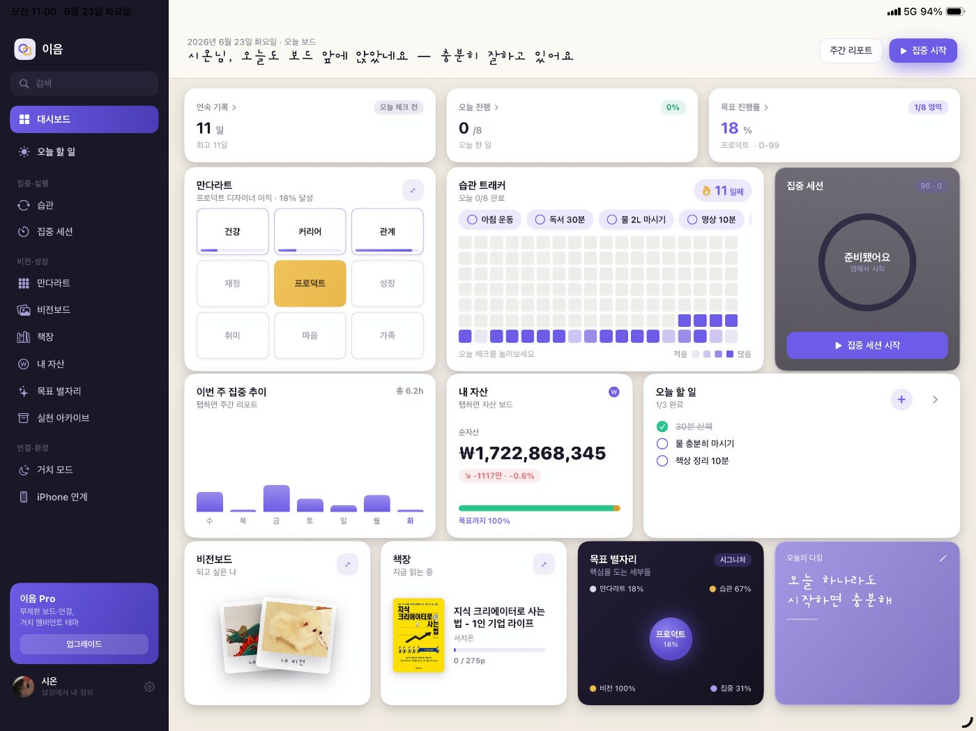이음 대시보드 — iPad 거치 화면